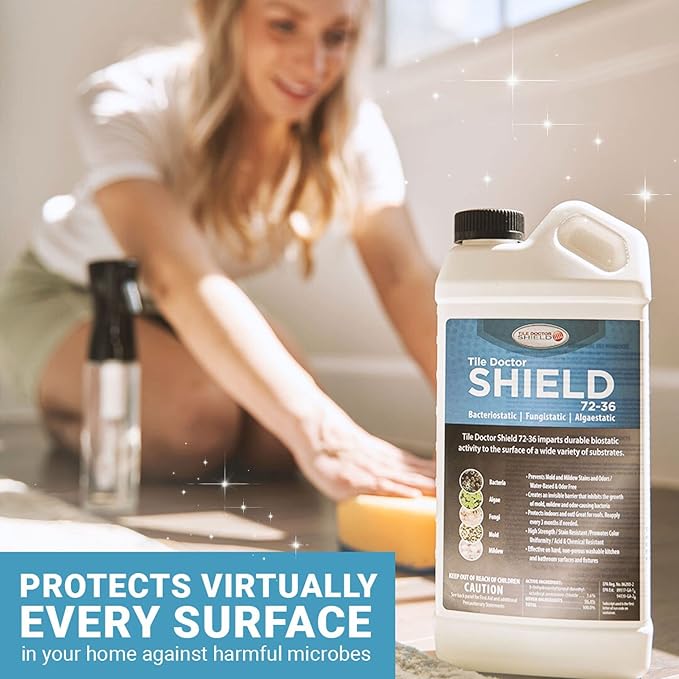 Shield Mold, Mildew, and Algae Stain and Odor Remover, Indoor and Outdoor Cleaner for Bathroom, Shower, Kitchen, Roof, Stone, Wood, Carpet, and More by Tile Doctor - 32 FL OZ