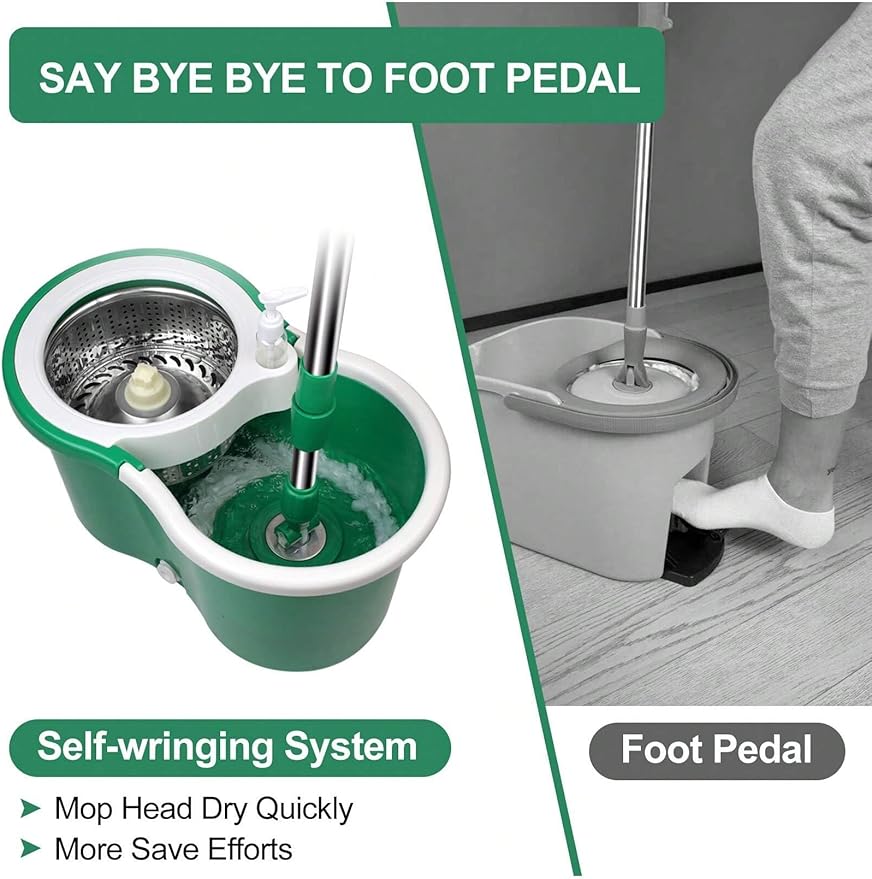 Spin Mop and Bucket with Wringer Set, 360° Spinning Mop Bucket System with 3 Microfiber Mop Replacement Heads, Adjustable Handle for Floor Cleaning (Green)