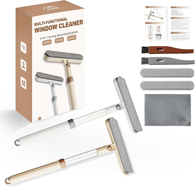 2 Pack 5-in-1 Extendable Window Squeegee with Spray, 12.6 Inches All-Purpose Window Cleaner Tool, Sponges, Silicon Blade & Gap Brush for Indoor/Outdoor Glass, Shower Door, Car Windshield, Mirror