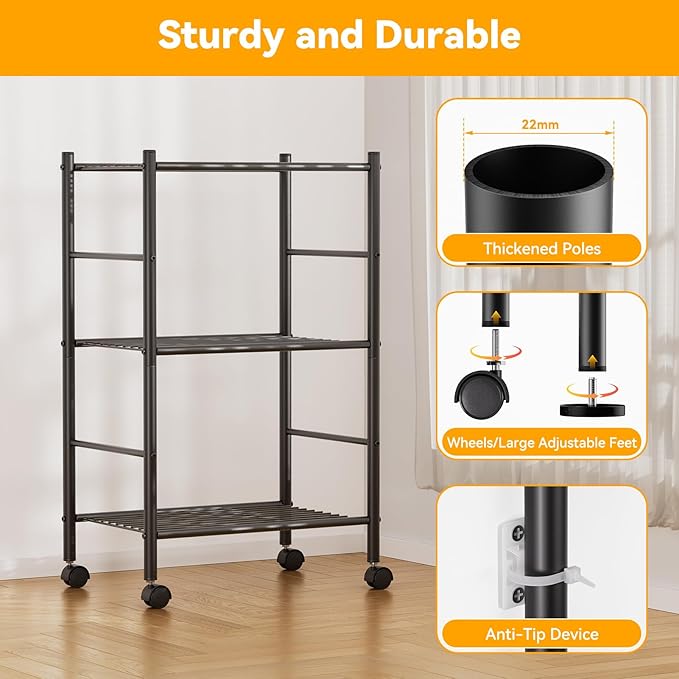BolDuck 3 Tier Shelf Organizer Rack, Metal Shelving Unit with Wheels/Leveling Feet, Space-Saving Storage Shelves for Closet Laundry Bathroom Kitchen Pantry, 18.11" Wx12.6 Dx31.5 H