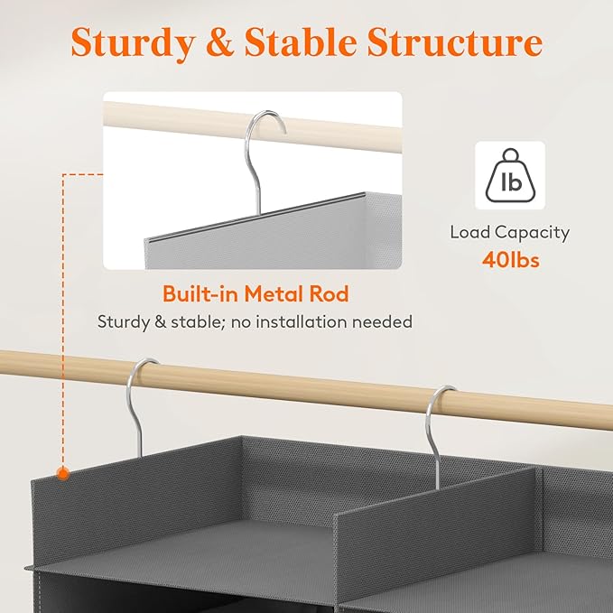 Lifewit Dual-Row Shelf Hanging Closet Organizer and Storage, Clothes Shelves with 3 Sturdy Hooks for Clothing Organization, Foldable Container Hold Up to 24 Sweaters, 4 Tier 8 Sections, Gray