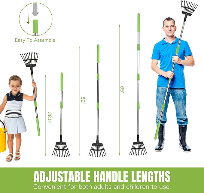 Joyhalo Small Rakes for Leaves, 8.5 Inch Wide Head Leaf Rake with 11 Tines, Metal Garden Rakes with Adjustable Handle from 38.5 to 65 Inch for Gardening, Clippings, Gathering Leaves, Weeds, Debris