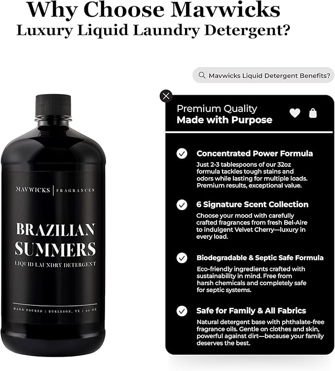 Laundry Liquid Detergent (Brazilian Summers) - 32 Oz Laundry Perfume Bottle for Men & Women, Stain & Odor Remover, Deep Clean, Long-Lasting Fragrance and Freshness for All Fabrics