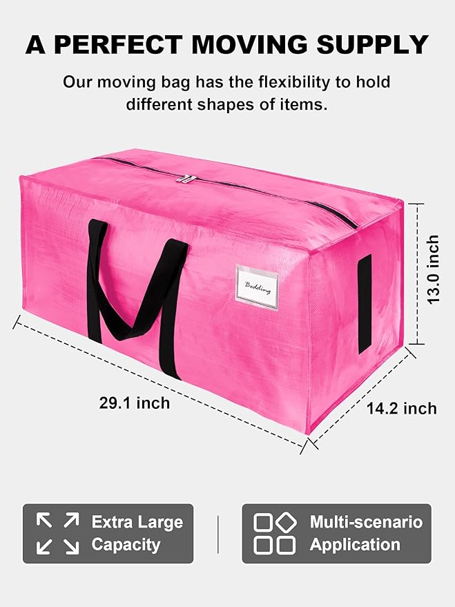 4 Pack Large Strong Moving Bags with Zippers & Carrying Handles - Water-Resistant - Heavy Duty Storage Tote for Space Saving, Fold Flat, Alternative to Moving Box (Pink)