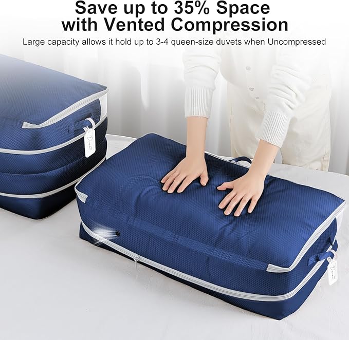 Comforter Storage Bag - Large Capacity Bedding Storage Bags Ultra Space Saving Self Compression Organizer, Washable Compression Bags for Storage Comforter Blanket Duvet, 6-Pack, Navy Blue