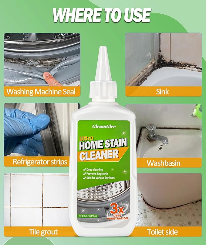 GleamGlee Home Remover Gel, Powerful Washing Machine Gasket Cleaner, Heavy Duty Cleaning Solution for Washing Machine, Refrigerator Strips, Bathroom Grout, Tiles, Sink, Shower - 5 Fl.Oz