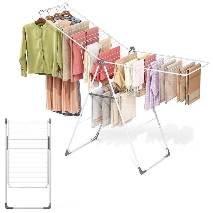 APEXCHASER Clothes Drying Rack, Foldable Oversized Drying Rack Clothing with L-Shaped Foot Cover, Height-Adjustable, Multi-Bar Laundry Rack, Indoor Outdoor Use, 20.47"D x 70"W x 42.52"H, Pearl White