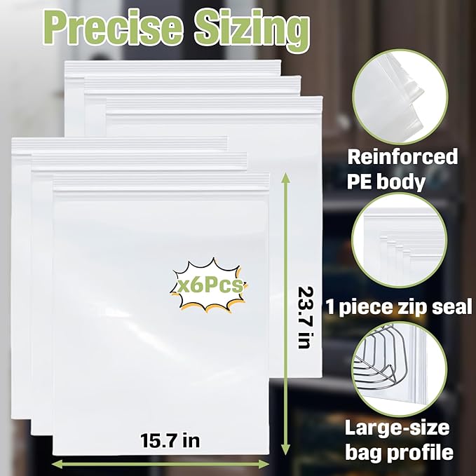 6-Pack 15.7 x 23.7 Inch Oven Rack Cleaning Bags, Reusable No-Scrub Soaking Bags with Sealed Zip for Removable Oven Racks, Grill Grates and BBQ Racks, Leak-Resistant Clear PE, No Cleaner Included