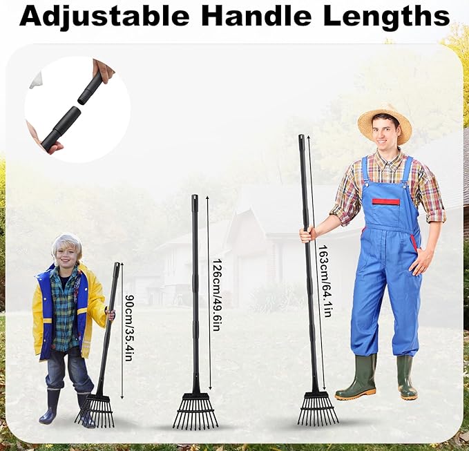 Small Rake for Leaves, 11 Metal Tines Narrow Leaf Rake, 60'' Leaf Rakes for Lawns with Adjustable Steel Handle for Camping Flower Beds Mulch Shrub, Black