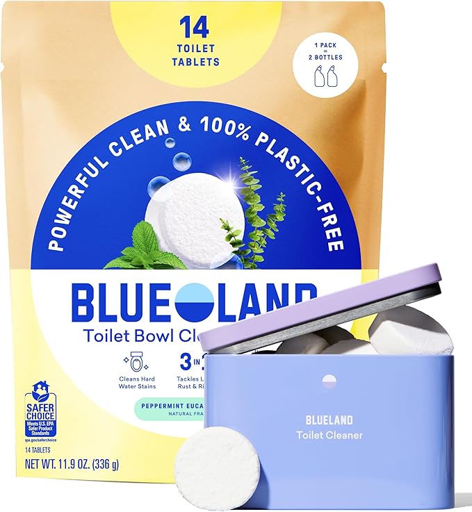 BLUELAND Toilet Bowl Cleaner Tablets, Starter Set, 14 Count with Tin, Peppermint Eucalyptus, Plastic-Free, No Harsh Chemicals, Plant-Based