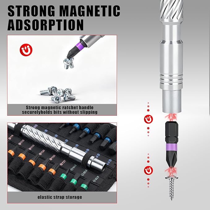 VMAN Ratchet Magnetic Screwdriver Set, 24 in 1 S2 Steel Bits and Head-tail Drive T-Handle, DIY Combination Flexible Shaft for Furniture Assembly, Electrical Appliance Repair, Bicycle Tools