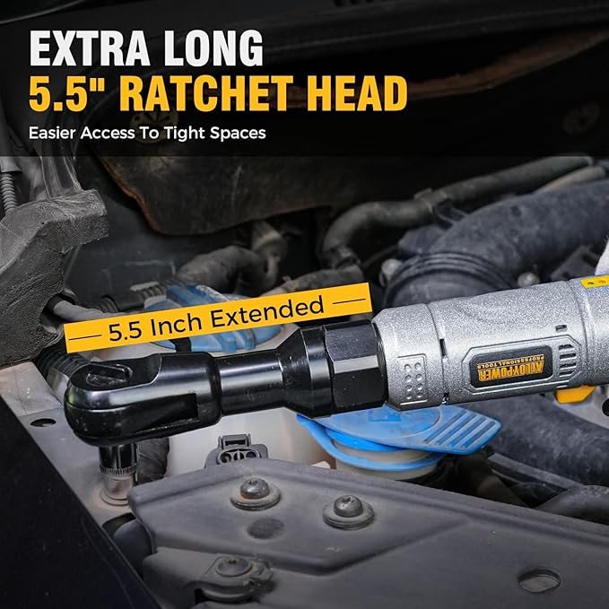3/8" Cordless Ratchet Wrench Set, 60FT-LBS(80N.m) Electric Ratchet, 12V Extended Power Ratchet Wrench Set with Variable Speed, 6 Sockets, LED Light, 1/4" Adapter,1/2" Adapter,2 Batteries