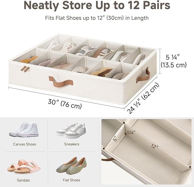 StorageWorks Shoe Organizer for Closet, Fits up to 24 Pairs, 2-Pack Ultra-thick Fabric Under Bed Shoe Storage Containers with Bottom Support and Adjustable Dividers, Beige