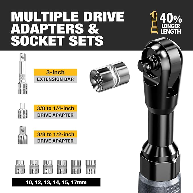 3/8" Cordless Ratchet Wrench Set, 60FT-LBS(80N.m) Electric Ratchet, 12V Extended Power Ratchet Wrench Set with Variable Speed, 6 Sockets, LED Light, 1/4" Adapter,1/2" Adapter,2 Batteries