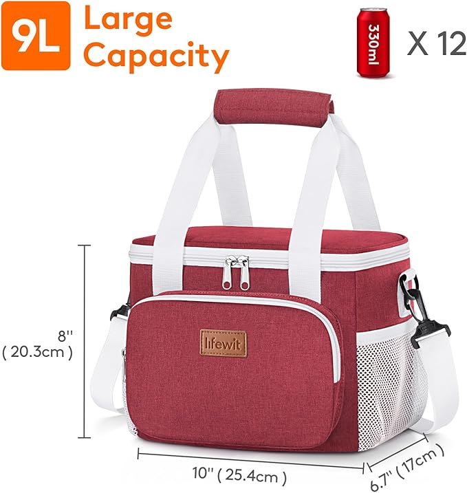 Lifewit Medium Lunch Bag, Insulated Lunch Box, Soft Cooler Cooling Tote for Adult Men Women, White and Red12-Can (9L)