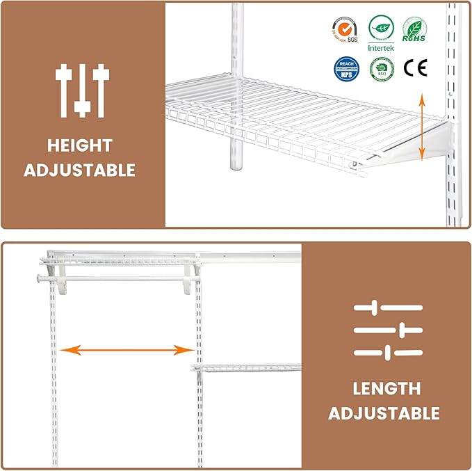 PROWORX 5-8 Ft Closet Organizer System, White Adjustable Custom Metal Wire Shelving Wall Mounted, Expandable Organization and Storage Shelf Kit with Hanging Rods