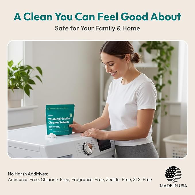FEBU Washing Machine Cleaner Tablets Made in USA | Washer Machine Cleaner & Deodorizer | Removes Gunk & Grime | 7 Natural, Biodegradable, Plant-Based Ingredients | 24 Tablets - 12 Month Supply