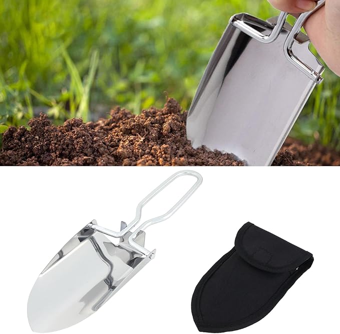 EMVANV Mini Folding Shovel,Foldable Garden Handy with Carrying Pouch Camping Trowel Stainless Steel Outdoor Survival Shovel for Garden and Campsite Use While Hiking, Camping and Outdoor(Silver)