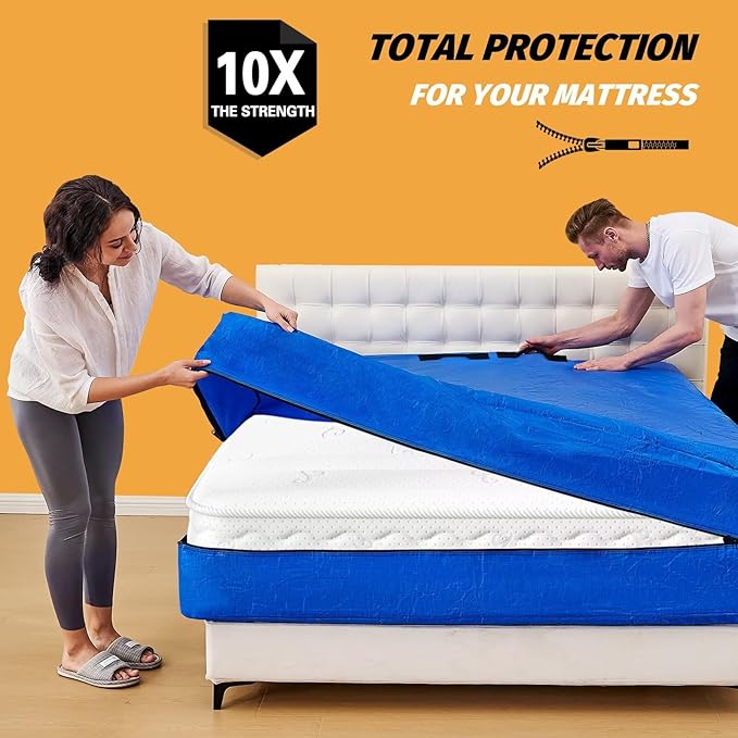 Mattress Bags for Moving, BETU Mattress Protector Waterproof Mattress Cover Cal King Size Storage Bags with 8 Heavy-Duty Handles and Zipper for Bed Extra Thick Large Reusable (86"x75"x15" Blue)