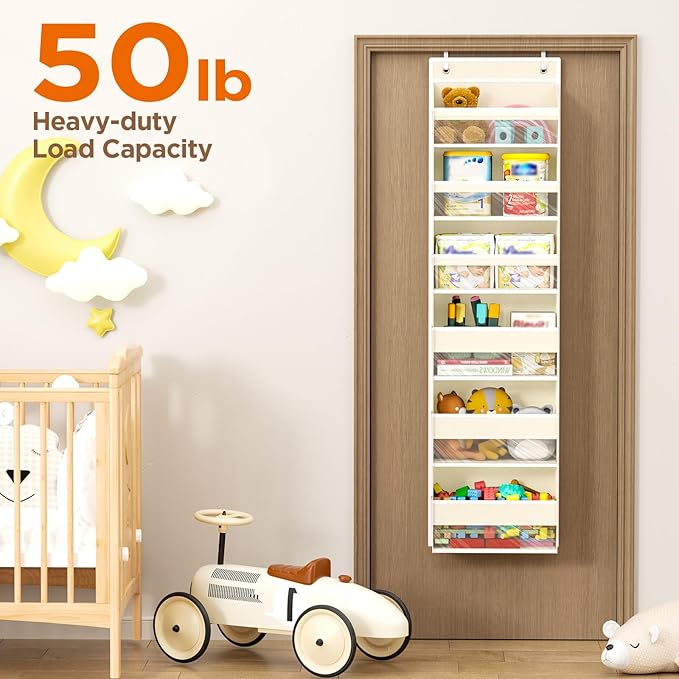 Mefirt Over The Door Organizer, 6 Shelf Door Hanging Organizers with 6 Large Capacity Pockets, Behind Door Storage Hanging Shelves for Closet Wall Bathroom Bedroom Nursery