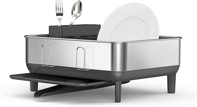 simplehuman Compact Dish Drying Rack with Stainless Steel Frame, 360º Easy Drain Swivel Spout, Utensil Holder, Anti-Residue Coating, Moisture Control Surface, Grey
