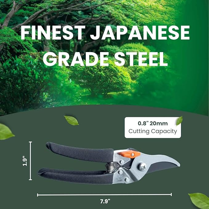 Saboten Japanese Bypass Pruning Shears 7.9 in, Fluorine-Coated Blade Wipes Clean, Rust & Sap Resistant, Ergonomic Non-Slip Grip, Duracon Safety Lock, 20mm Cut Capacity, Made in Japan Garden Clippers