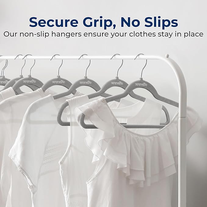 SereneLife 50 Pack Velvet Hangers - Non-Slip, 360° Swivel Hook - Ultra-Thin, Lightweight Velvet Hangers for Shirts, Sweaters, Hoodies, Kids Clothes & Dresses - Space-Saving