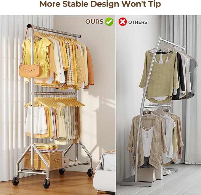 HYSEYY Heavy Duty Clothes Rack, Double Rod Clothing Rack for Hanging Clothes, Rolling Garment Rack, Adjustable Freestanding Wardrobe Closet Coat Rack for Bedroom Laundry Living Room, Silver