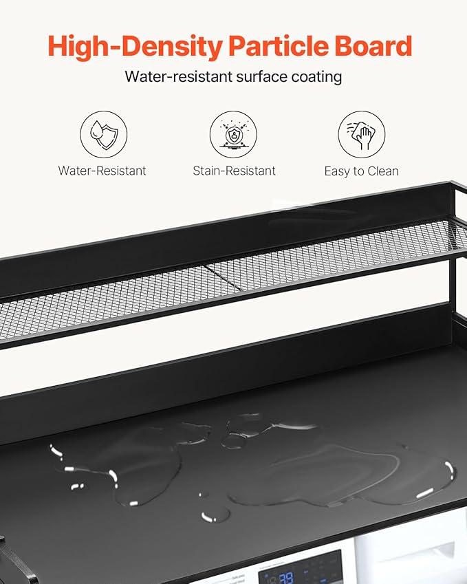 VEVOR Washer Dryer Countertop with 2-Tier Shelf, 54" x 27" Wooden Washer and Dryer Countertop with Anti-Slip Pads, Water-Resistant Laundry Topper Cover for Laundry Room Organization and Storage, Black