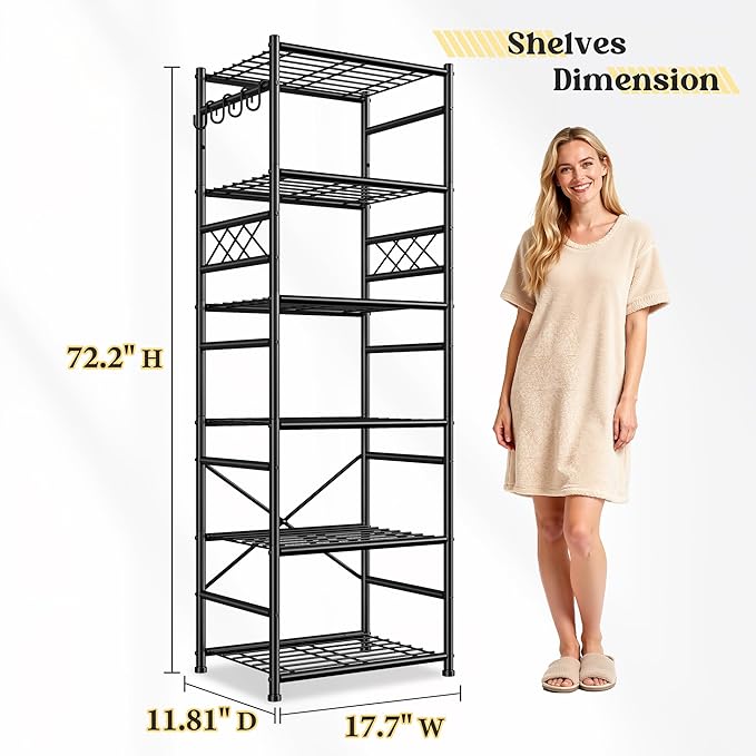 Metal Shelving 6-Tier Storage Shelves Unit with Hooks,Heavy Duty Garage Shelving with Leveling Feet,High Standing Shelf Organizer for Kitchen Pantry Bathroom Dorm,17.7”W×11.8”D ×72.2”H,Black