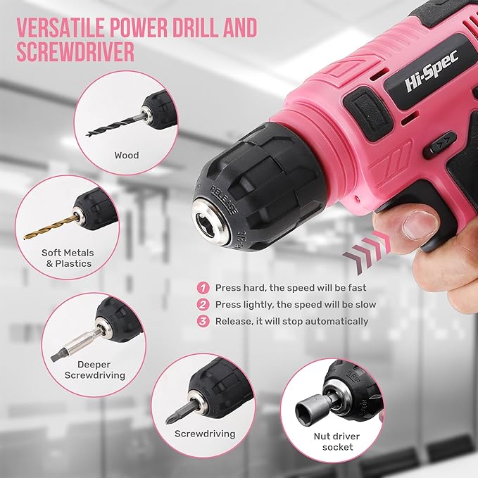 Hi-Spec Pink Tool Set with 8V Drill Set. Complete Cordless & Rechargeable USB Electric Drill Driver Kit for Women, Home DIY Repair & Maintenance, in a Compact Toolbox.