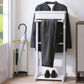 Mens Valet Stand with Top Tray Organizer, Shoe Shelf and Suit Rack, Wooden Clothes Valet Stand for Bedroom Entryway (White)