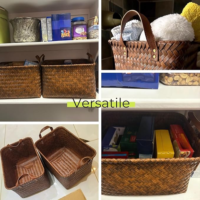 GIB Large Wicker Storage Baskets for Shelves Clothes Blankets Basket Woven Laundry Basket for Organizing, Decorative Rectangular Closet Organizers and Storage Bins with Handles, Brown, 4 Pack
