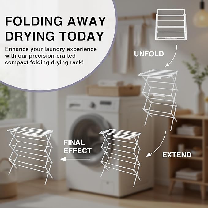 Foldable Clothes Drying Rack, Extendable Laundry Drying Rack, Clothes Airer, Steel Frame, 24-39.2”W x 23.6”D x 40.55 H, Easy Assembly, Indoor Outdoor Use, White