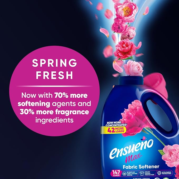 Ensueño Max Liquid Fabric Softener - Spring Fresh Scent - 125 fl oz - Color-Safe Fabric Softener Liquid - Softens 147 Loads - Reduces Wrinkles & Static