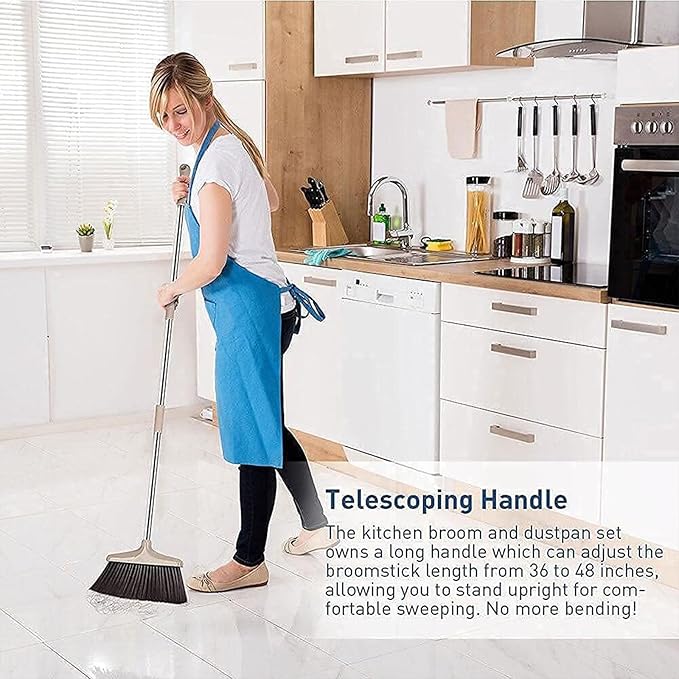 Broom and Dustpan Set, Long Handle Stand Up Broom and Dust Pan Combo, Self-Cleaning with Dustpan Teeth, Indoor&Outdoor Sweeping, Ideal for Dog Cat Pets Home Use (Beige & Brown)