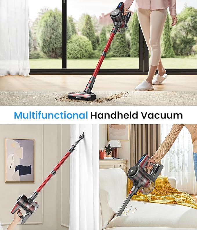 CHEBIO Cordless Vacuum Cleaner, Stick Vacuum with Powerful Suction, 45Mins Runtime Vacuum Cleaners for Home, Anti-tangle and 1.5L Dust Cup, 6 in 1 Lightweight Vacuum for Hardwood Floor Carpet Pet Hair