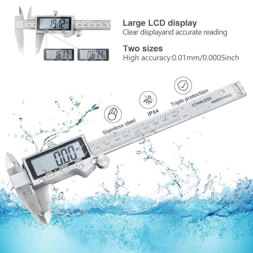 Digital Caliper, IP54 Waterproof Stainless Steel Caliper Measuring Tool, Vernier Caliper with Huge LCD Screen, Auto - Off Feature, Inch and Millimeter Conversion (6 Inch /150 mm)