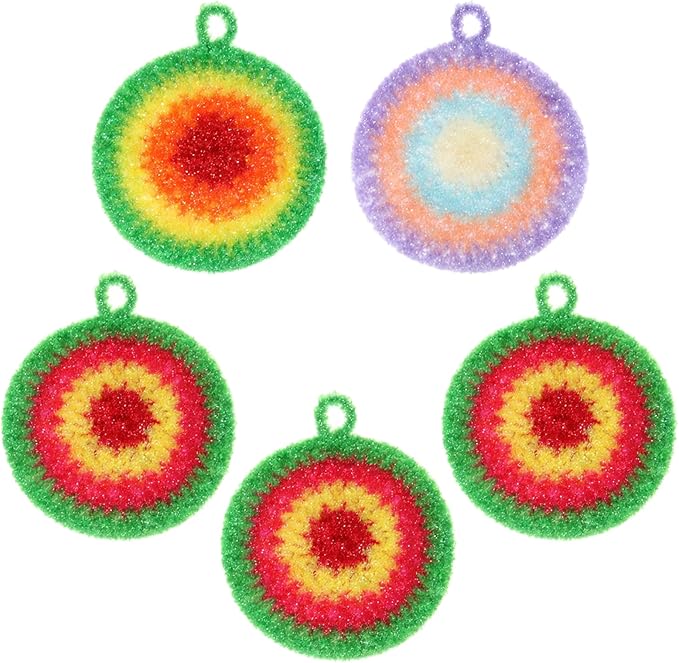 5 Pcs Reusable Dish Cloths 6.3" Dishwashing Towels Set Dish Sponge Cleaning Scrubber Cloth Round Non Scratch Kitchen Cleaning Cloths Hangable Housework Scouring Pad