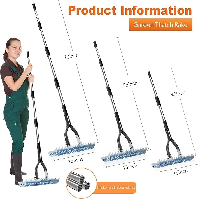 Thatch Rake,15" Lawn Dethatcher Rakes,Dead Grass Remover,Manual Dethatching Rake with Adjustable Length Handle,Scarifier Rake,Thatching Rakes for Lawns Grass Loosening Soil
