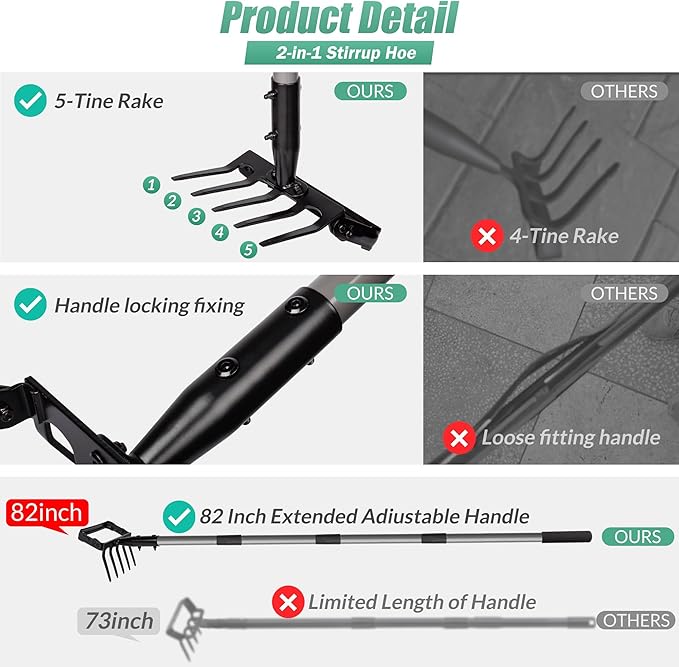 Suchtale 82 Inch Stirrup Hoe and 5-Tines Rake, Action Hoe for Weeding, 2 in 1 Scuffle Hoe with 37-82" Adjustable Handle, Cultivator for Loosening Soil, Loop Hoe for Garden Weeding and Planting