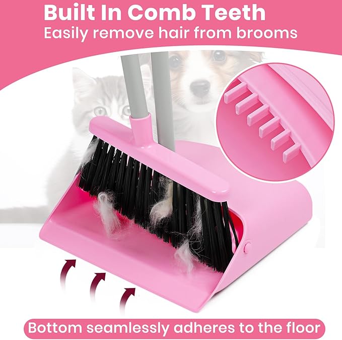 Pink Broom and Dustpan Set,58” Long Adjustable Handle Small Broom with Stand up Dustpan Combo Set with Dust Pan Teeth,for Indoor Home Office Floor Cleaning