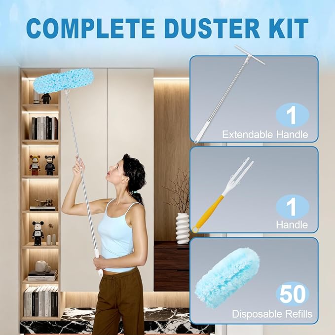 50Pcs Duster Refill Compatible with Swiffer Hand Duster +4FT Extended Handle +1 Handle, 360° Heavy Duty Duster Refills Kit for Cleaning, Office, Ceiling Fan, Baseboard & Blind