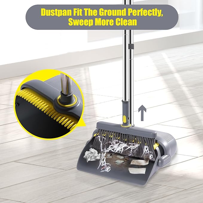 Broom and Dustpan Set with 54" Long Handle, Windproof Stand-Up Dustpan & Broom Combo with 8-Piece Cleaning Tool Kit for Home, Kitchen, Office & Pet Hair Cleaning