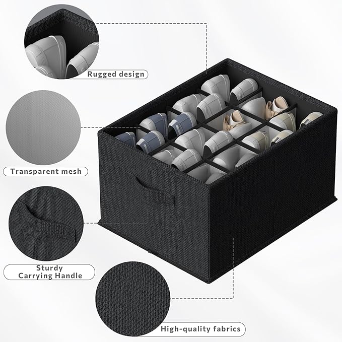 FHSQX 4 Pack Shoe Organizer for Closet,Foldable Shoe Organizer,Fits up to 48 Pairs,Storage Containers With Bottom Support for Shoes (Black, (16.5 * 12.6 * 9.5) x4)