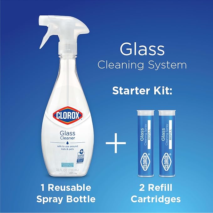 Clorox Glass Cleaner Cleaning Kit, 1 Reusable Bottle Plus 2 Refill Cartridges, Multi-Surface Cleaner, Home Cleaning Kit, 3 Piece Set