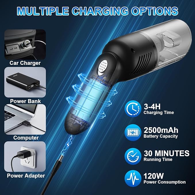 38000PA Handheld Vacuum Cordless | 120W Deep Cleaning for Car Pet Hair | Portable Cleaner with 2000mAh Battery, LED Light & Multi-Nozzles | Home Office Multi-Surface