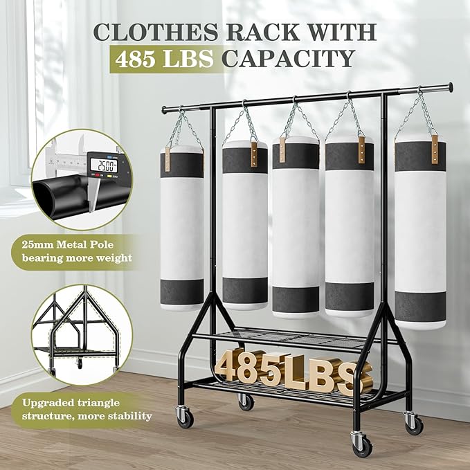 Holiwei Clothes Rack with 2 Shelves, Heavy Duty Garment Rack Load 450 LBS, Standing Rolling Metal Hanging Clothes with Sturdy Wheels & Shelves