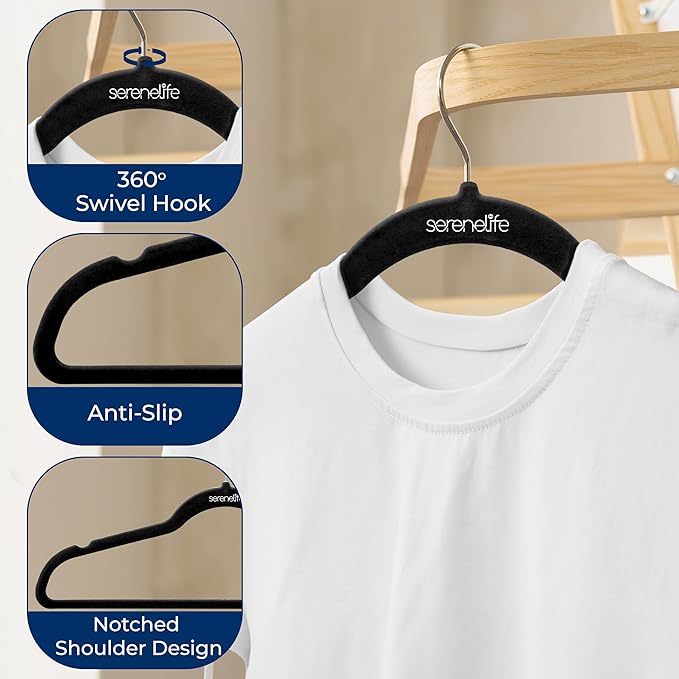 SereneLife 10 Pack Velvet Hangers – Non-Slip Clothes Hangers with Heavy Duty Design, Slim Space-Saving Coat Hangers with 360° Swivel Hook, Strong Lightweight Closet Organizer Set for Clothes (Black)