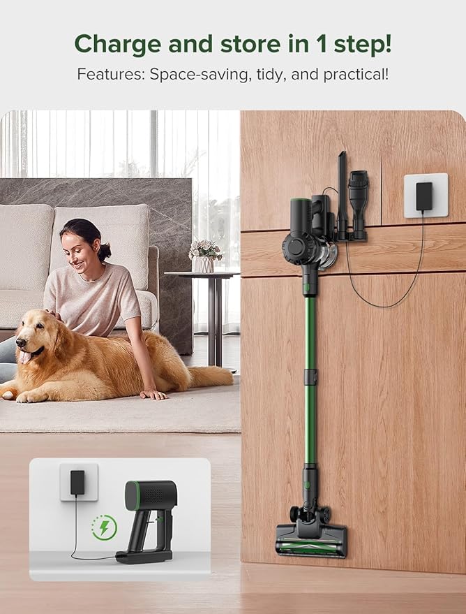 Vexilar Cordless Vacuum Cleaner, 550W/45Kpa/60Mins, Cordless Stick Vacuum Cleaner with Self-Standing and Touch Screen, 6-in-1 Lightweight, Rechargeable Vacuum for Pet Hair Carpet Hardwood (Green)